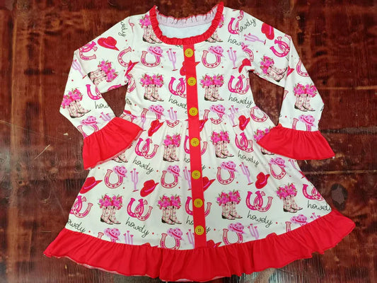 Preorder moq 5 Baby Girls Red Long Ruffle Sleeves Button Boots Shoes Knee Length Dresses 5.9