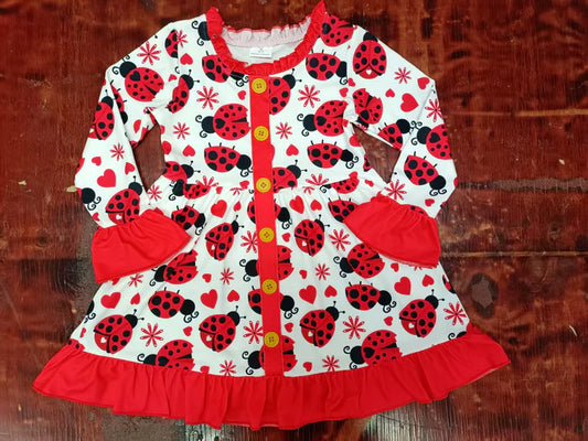 Preorder moq 5 Baby Girls Red Long Ruffle Sleeves Button Hearts Ladybird Knee Length Dresses 5.9