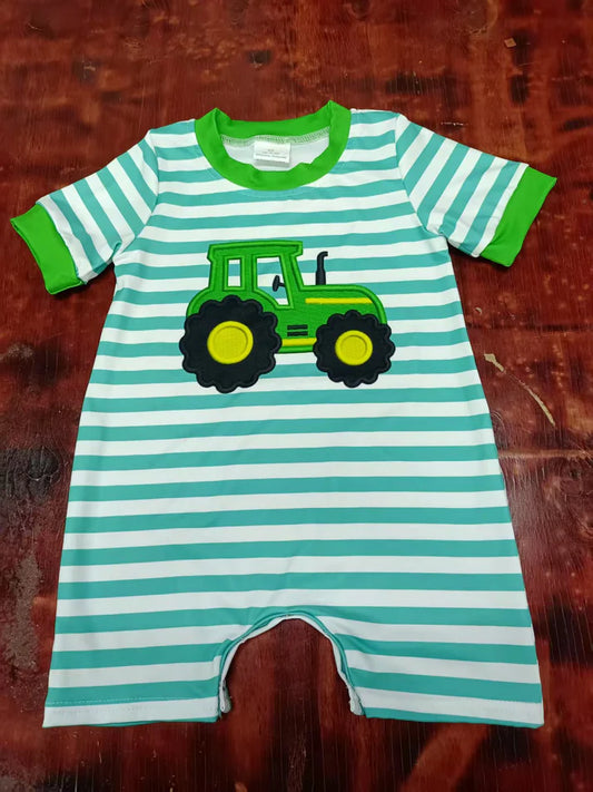 Preorder moq 5 Baby Boys Green Stripe Short Sleeves Truck Farm Pant Rompers 5.9