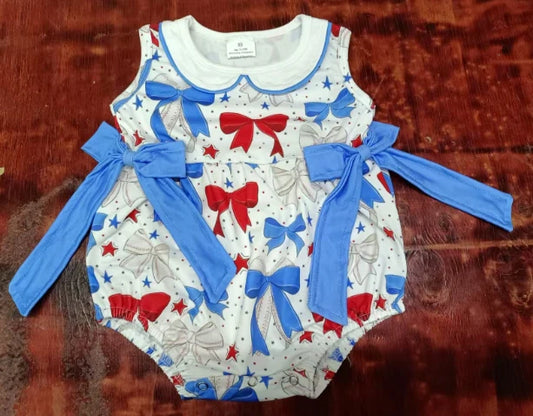 Preorder moq 5 Baby Girls Sleeveless Blue Red Bows Stars 4th Of July Ruffle Rompers 5.9