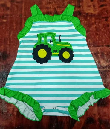 Preorder moq 5 Baby Girls Green Stripe Strap Truck Farm Ruffle Rompers 5.9