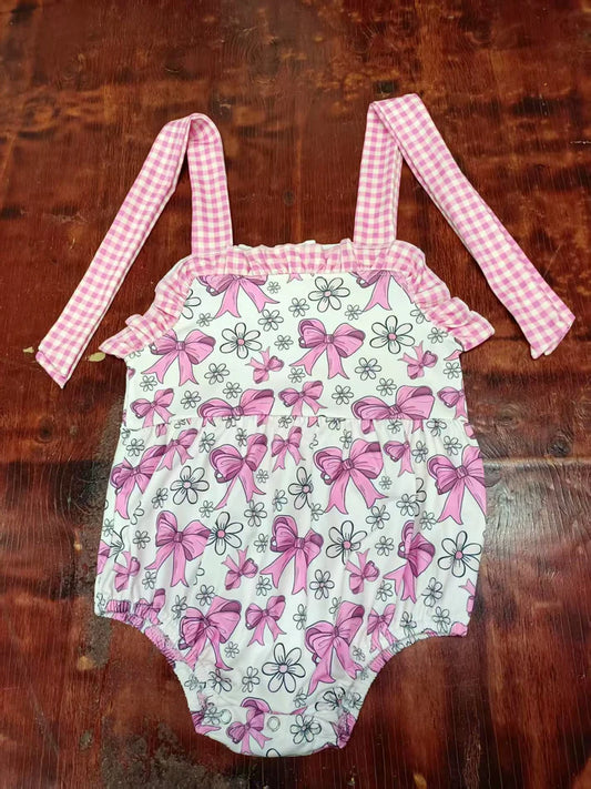 Preorder moq 5 Baby Girls Pink Plaid Strap Bows Flowers Ruffle Rompers 5.8