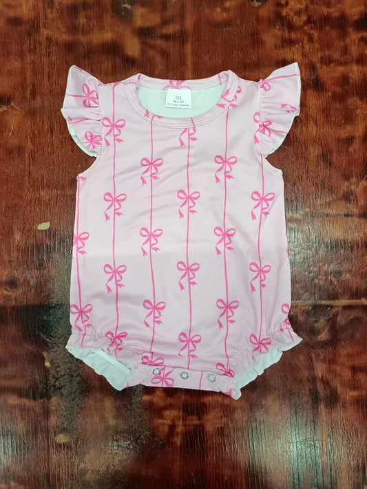 Preorder moq 5 Baby Girls Pink Flutter Sleeves Bows Stripes Ruffle Rompers 5.8