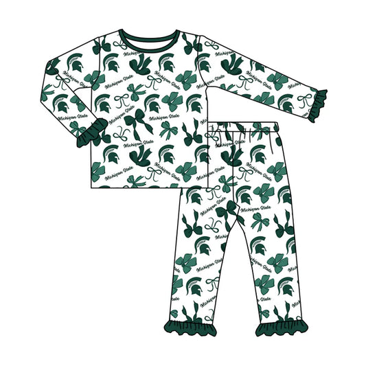 Preorder MOQ 5 Long sleeves M green yellow bow kids girls team pajamas 8.25