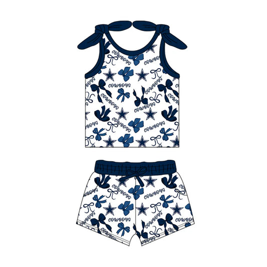 MOQ 5 pcs sleeveless cowboy blue bow top shorts girls team clothes 8.18