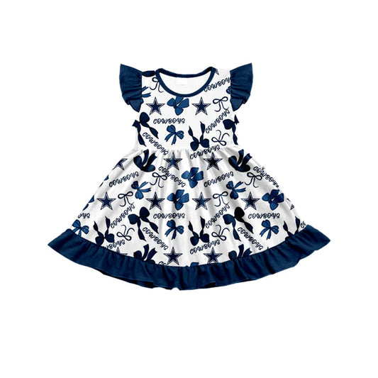 Preorder (moq 5) flutter sleeves cowboy blue bows girls team dress 8.18