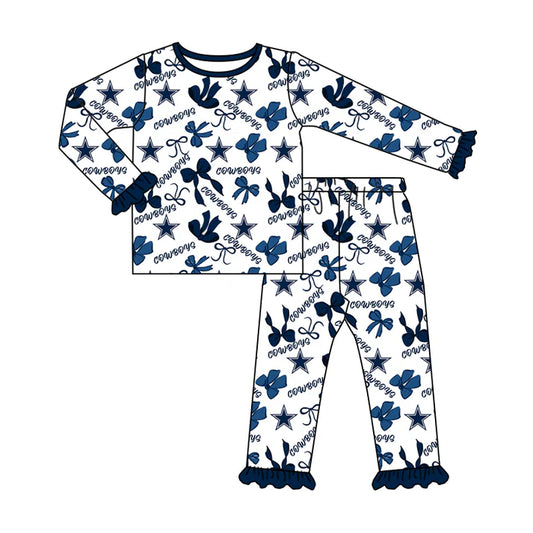 MOQ 5 Long sleeves cowboy blue bows kids girls team pajamas 8.18