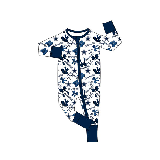 Preorder(moq 5)long sleeves cowboy blue bows baby team zip romper 8.18