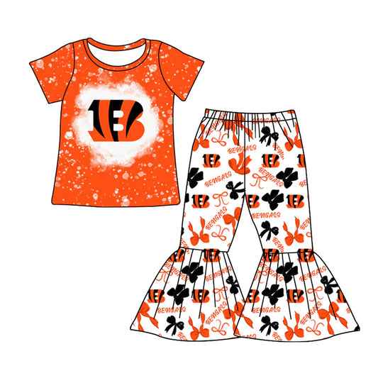 MOQ 5 bleached B orange top bow bell bottoms pants girls team clothing 8.18