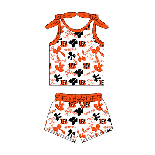 MOQ 5 pcs sleeveless B orange bow top shorts girls team clothes 8.18