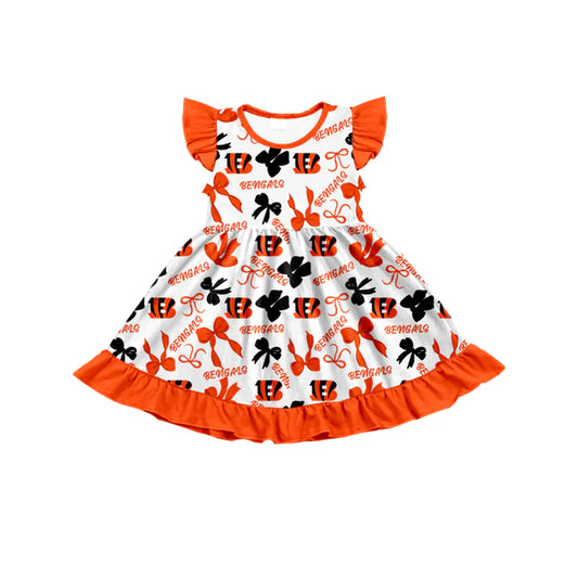 Preorder (moq 5) flutter sleeves B orange bows girls team dress 8.18