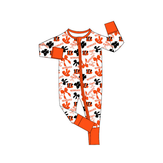 Preorder(moq 5)long sleeves B orange bows baby team zip romper 8.18