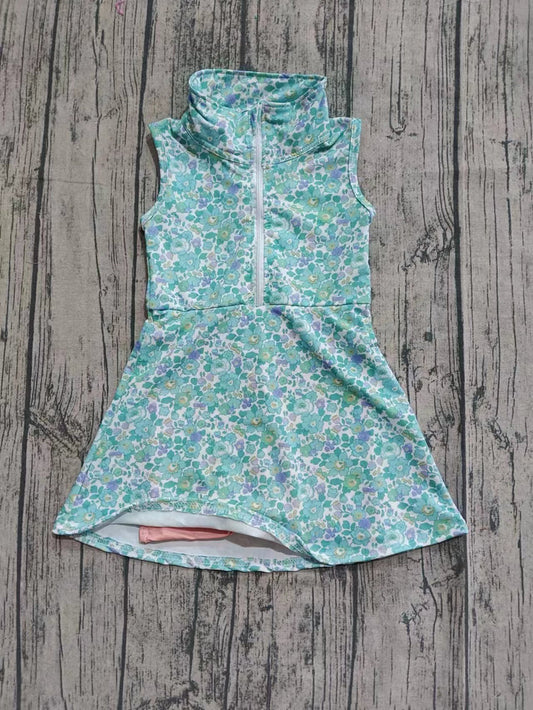 Preorder moq 5 Baby Girls Short Sleeves Blue Flowers Zipper Knee Length Dresses 7.2