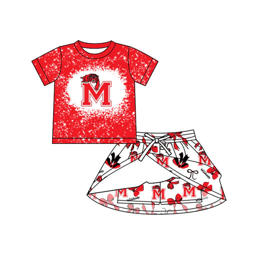 Preorder (moq 5)Baby Girls Red Short Sleeves Wildcats Top Bows Skorts Team Sets 7.12