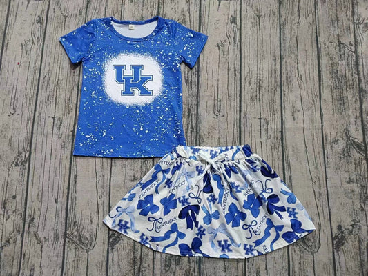 Preorder moq 5 Baby Girls Blue Short Sleeves UK Top Bows Plaid Skorts Team Sets 7.11