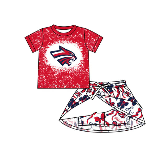 Preorder (moq 5)Baby Girls Red new Wildcats Top Bows Skorts Team Sets 7.11