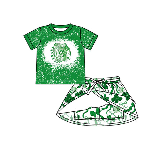 Preorder (moq 5)Baby Girls Green Short Sleeves Chieftains Top Bows Skorts Team Sets 7.26
