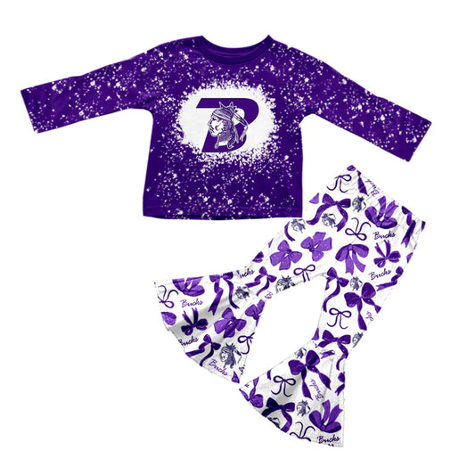 Preorder (moq 5)Baby Girls Purple Bucks Top Team Bows Bell Bottom Pants Sets 9.6