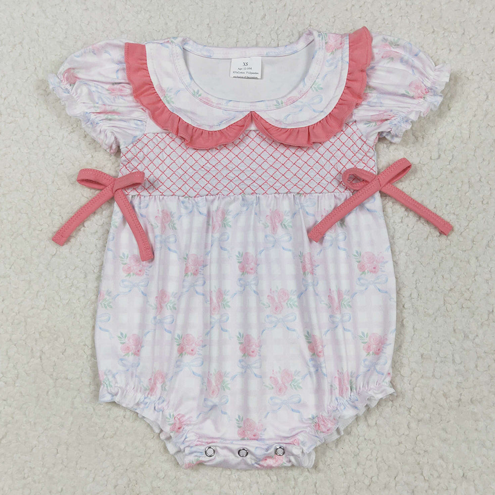Embroidery Baby Infant Girls Rompers Pink Short Ruffle Sleeves Floral Bows Top Rompers Preorder SR2917 4.28
