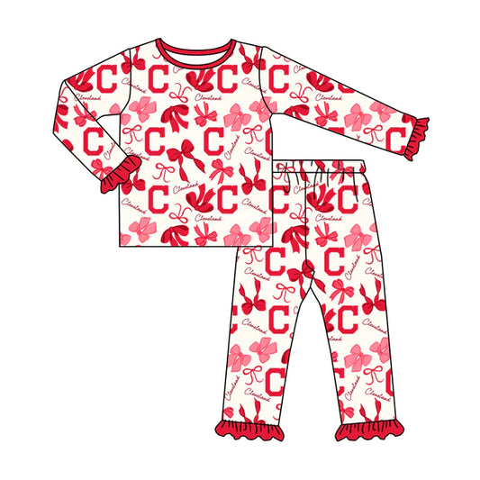 Preorder MOQ 5 Long sleeves C red blue bow kids girls team pajamas 8.21