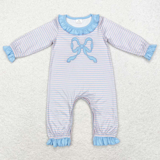 Baby Infant Girls Rompers Blue Stripes Big Bow Embroidery Long Sleeve Rompers LR1378