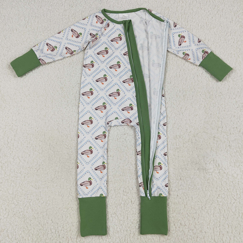 Baby Boys Rompers Long Sleeves Green Ducks Plaid Zipper Rompers LR2269 6.24