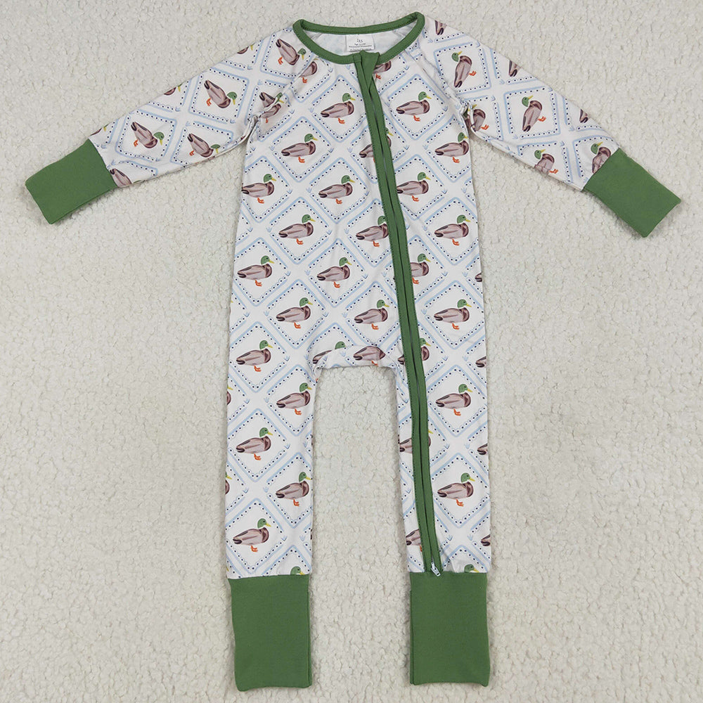 Baby Boys Rompers Long Sleeves Green Ducks Plaid Zipper Rompers LR2269 6.24