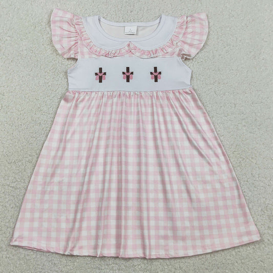 Baby Girls Dress Embroidery Crosses Pink Checked Easter Collar Knee Length Dresses GSD3382