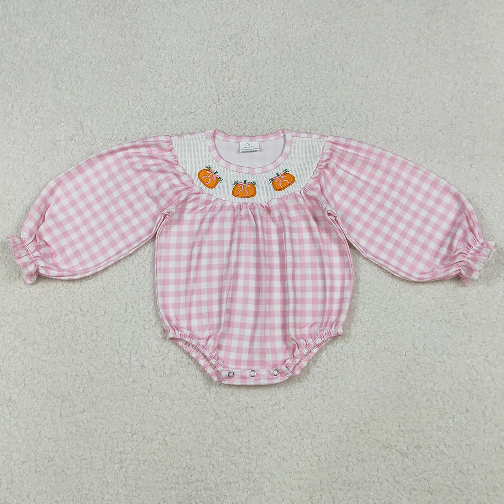 Baby Girls Rompers Smocked Pumpkins Pink Checked Fall Rompers LR2181 10.2