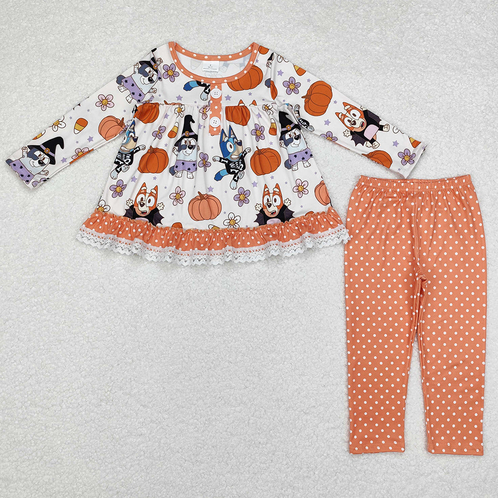 Baby Girls Clohes Halloween Dog Pumpkin Flowers Tunic Legging Sets GLP1651