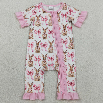 Baby Girls Rompers Short Sleeve Bows Rabbits Easter Ruffle Zipper Rompers SR2020