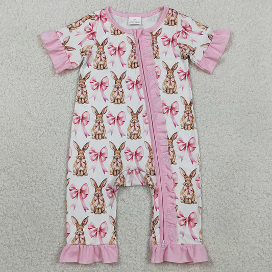 Baby Girls Rompers Short Sleeve Bows Rabbits Easter Ruffle Zipper Rompers SR2020