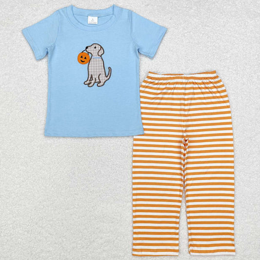 Baby Boys Clothes Blue Dog Halloween Pumpkin Embroidery Shirt Pants Sets BSPO0391