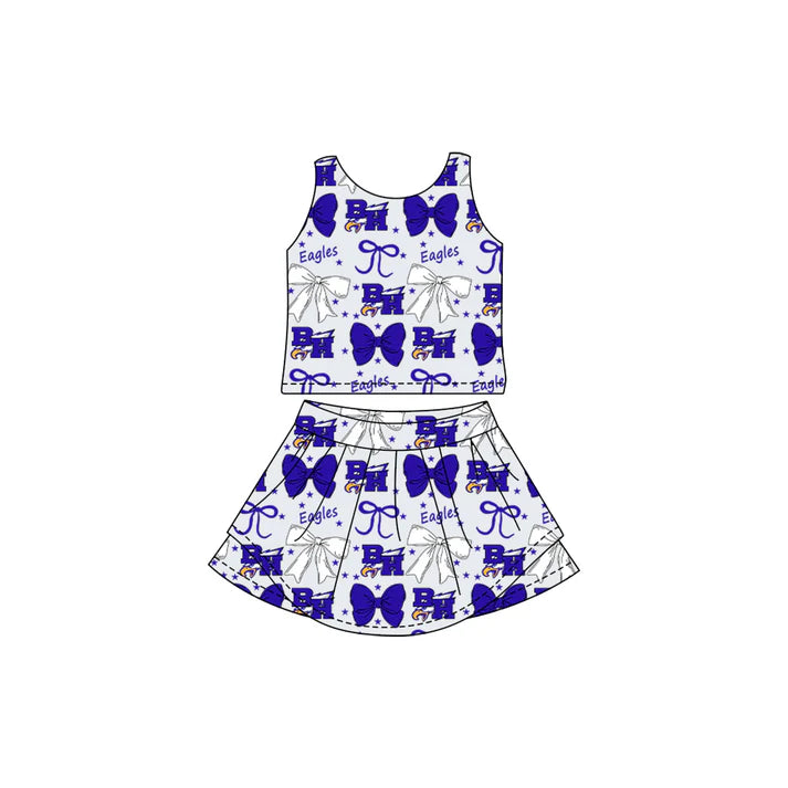 Preorder (moq 5)Baby Girls Blue Bows Eagle team Top Skirt Skort Sets 7.2