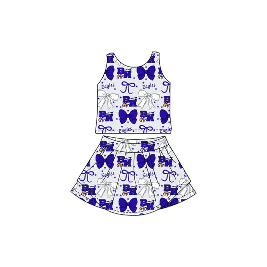 Preorder (moq 5)Baby Girls Blue Bows Eagle team Top Skirt Skort Sets 7.2