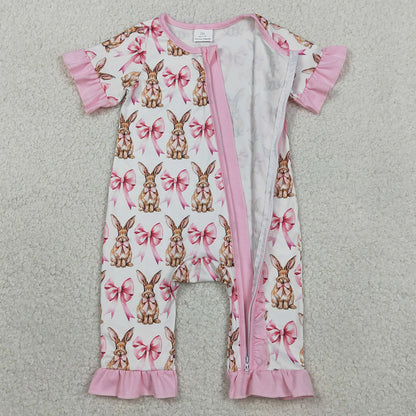 Baby Girls Rompers Short Sleeve Bows Rabbits Easter Ruffle Zipper Rompers SR2020