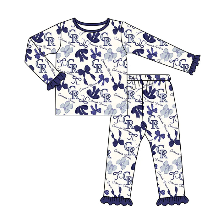 Preorder MOQ 5 Long sleeves C R blue bow kids girls team pajamas 8.21