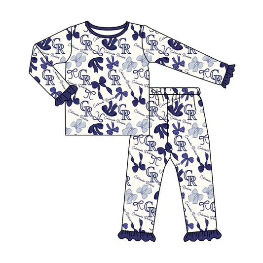 Preorder MOQ 5 Long sleeves C R blue bow kids girls team pajamas 8.21
