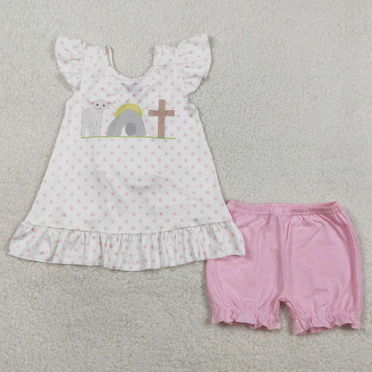 Baby Girls Clothes Cross Polka Dots Back Bow Tunic Ruffle Short Easter Clothes Sets GSSO3018