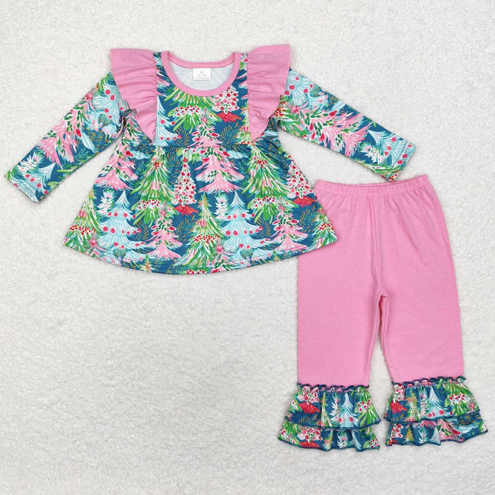 Baby Girls Clothes Colorful Christmas Tree Tunic Tops Ruffle Pants Sets GLP1474