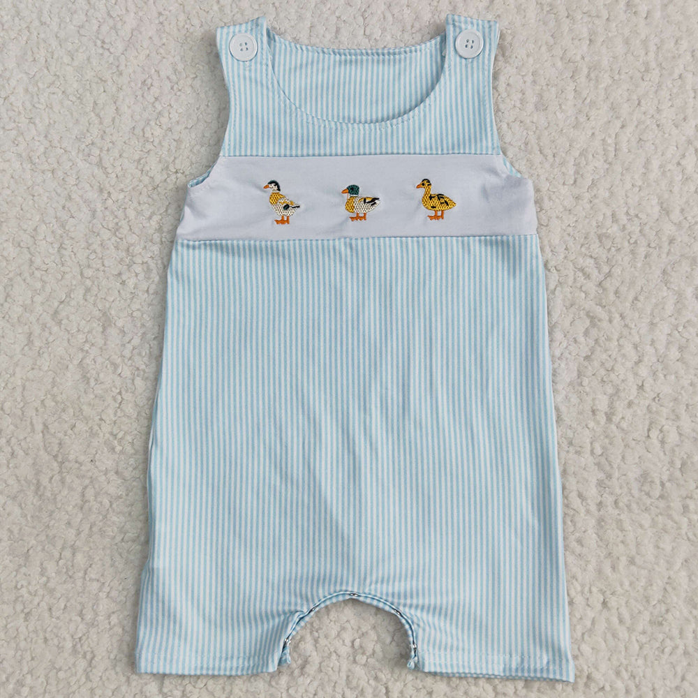 Embroidery Baby Infant Boys Romeprs Blue Stripe Sleeveless Ducks Button Rompers SR2991 5.10