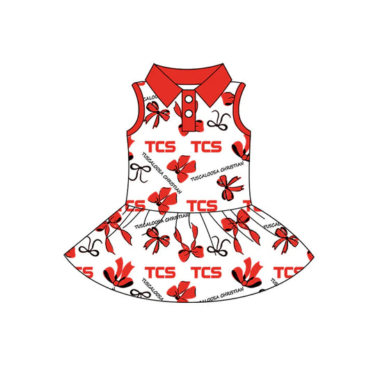 Preorder (moq 5)Baby Girls Sleeveless Red Bows TCS Button Team Knee Length Dresses 8.11