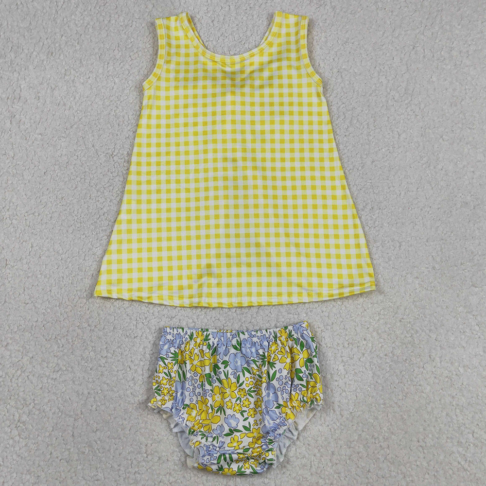 Baby Girls Clothes Yellow Checked Flowers Back Bow Tunic Flowers Bummies Clothes Sets GBO0504