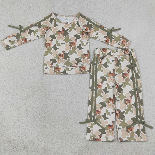 Baby Girls Clothes Green Camo Deer Top Pockets Bows Pant Christams Clothes Sets GLP3428