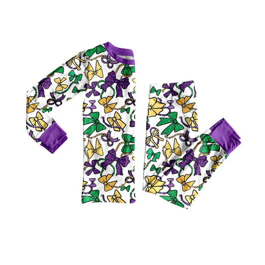 Preorder (moq 8)Baby Girls Purple Yellow Green Bows Top Pants Mardigras Pajamas Sets 9.9