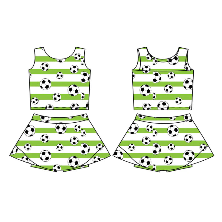 Preorder (moq 5)Baby Girls Green Stripe Footballs Vest Top Skirt Shorts Team Clothes Sets 12.2