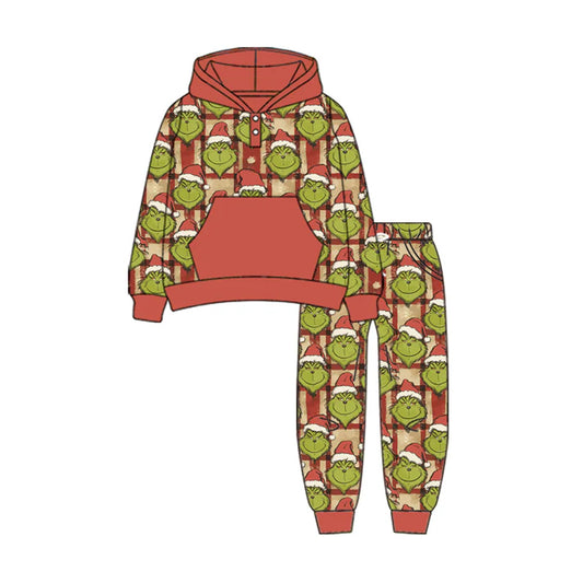 Preorder(moq 5) Baby Boys Long Sleeves Green Face Plaid Pockets Button Hoodies Pants Set 7.23