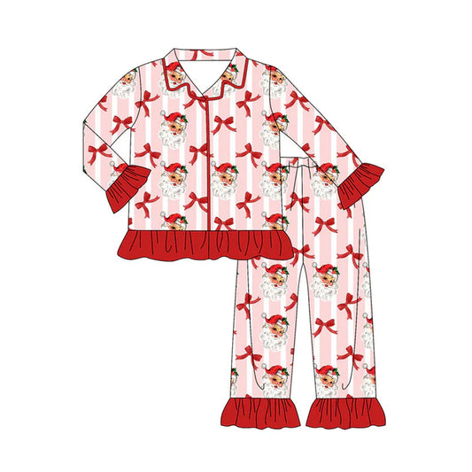 Preorder(moq 8)Baby Girls Bows Santa Stripe Button Top Ruffle Pants Christmas Pajamas Sets 9.26