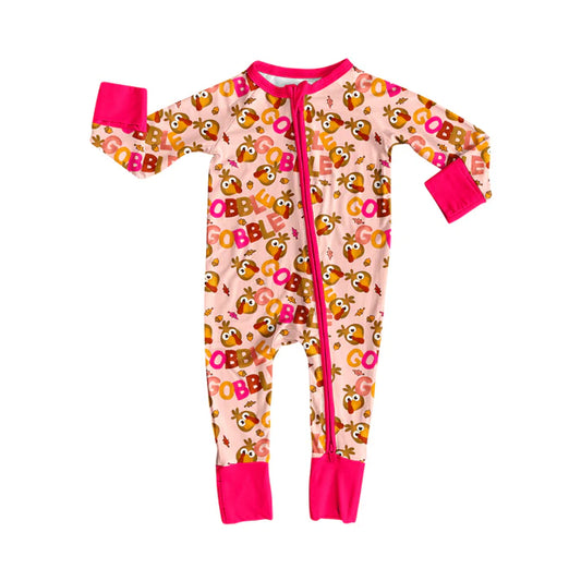 Preorder (moq 5)Baby Girls Pink Long Sleeves Turkey Gobble Plaid Zipper Romper 7.4