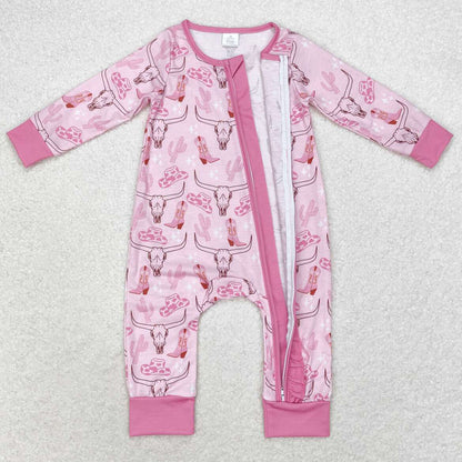Baby Girls Rompers Cow Skull Pink Ruffle Zippy Long Sleeve Bamboo Rompers LR0689
